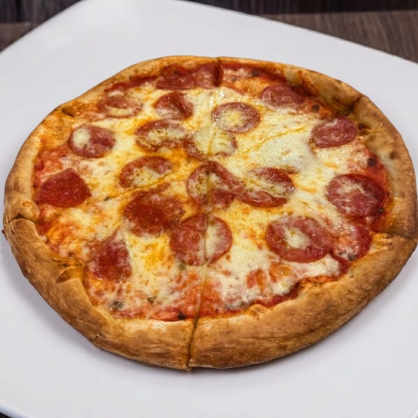 A small, round pepperoni pizza with melted cheese and a thick crust on a white plate.